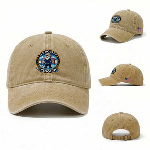 Funny Penguin Hockey Player Washed Cotton Baseball Cap Sports Fan Gift TS12 Washed Cap Universal Fit Khaki Print Your Wear