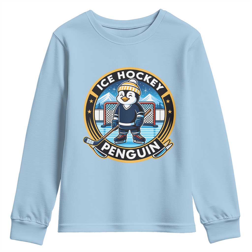 Funny Penguin Hockey Player Youth Sweatshirt Sports Fan Gift TS12 Light Blue Print Your Wear