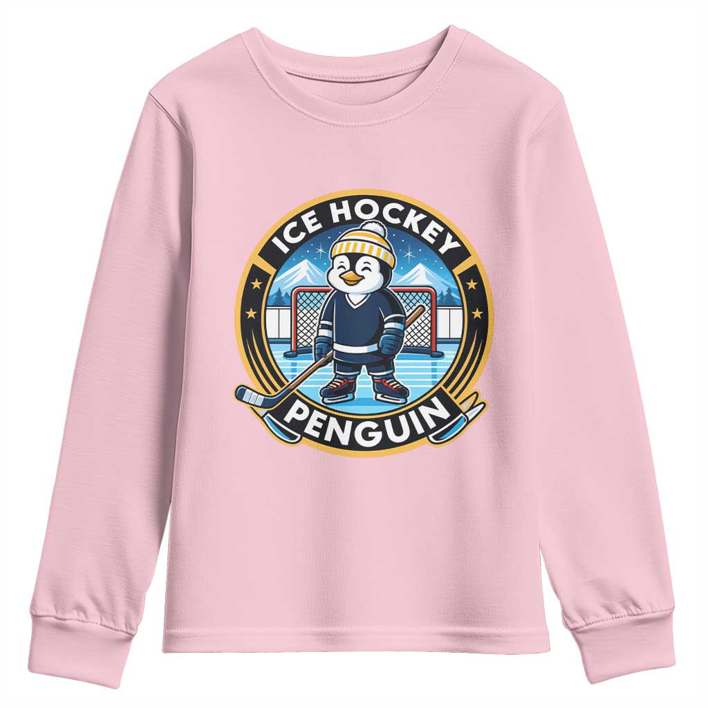 Funny Penguin Hockey Player Youth Sweatshirt Sports Fan Gift TS12 Light Pink Print Your Wear