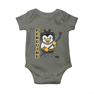 Funny Penguin Playing Ice Hockey Baby Onesie Gift For Kids TS12 Military Green Print Your Wear