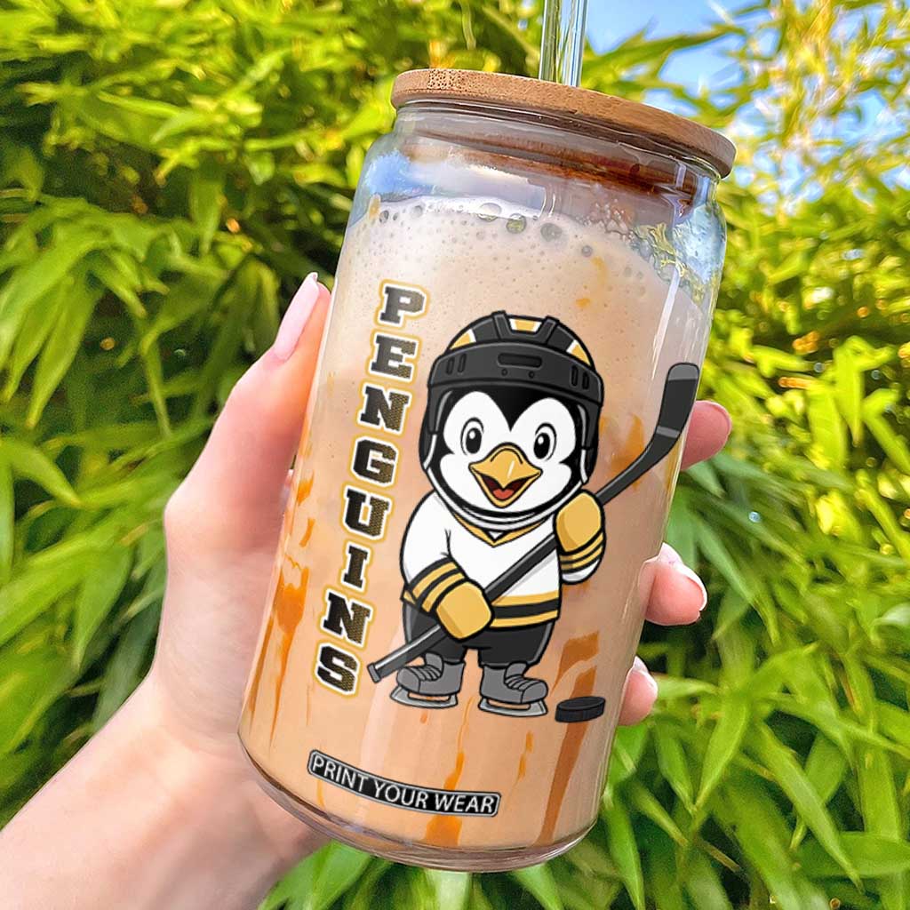 Funny Penguin Playing Ice Hockey Glass Can Gift For Kids TS12 White Print Your Wear