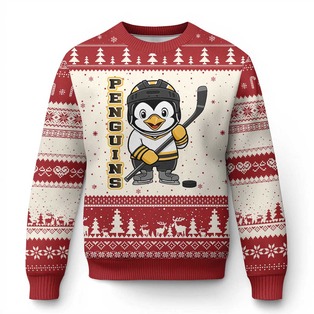 Funny Penguin Playing Ice Hockey Ugly Christmas Sweater Gift For Kids TS12 Beige Red Print Your Wear