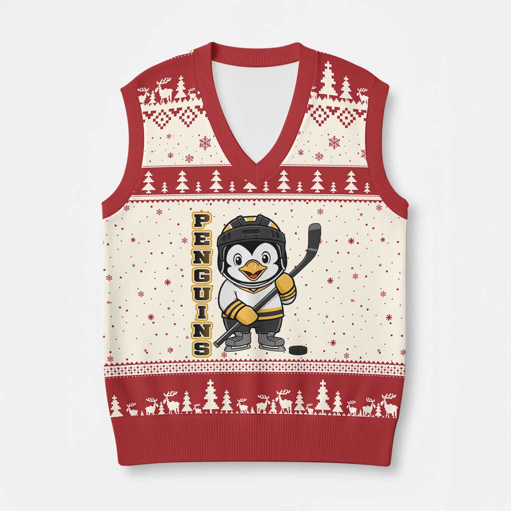 Funny Penguin Playing Ice Hockey V-Neck Knit Sweater Vest Gift For Kids TS12 Beige Red Print Your Wear