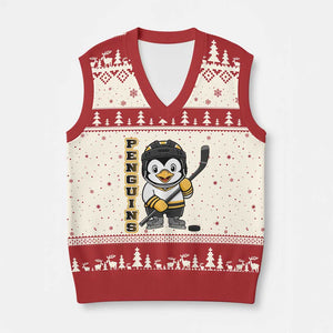 Funny Penguin Playing Ice Hockey V-Neck Knit Sweater Vest Gift For Kids TS12 Beige Red Print Your Wear