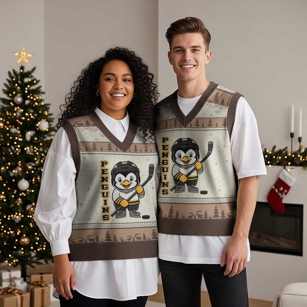 Funny Penguin Playing Ice Hockey V-Neck Knit Sweater Vest Gift For Kids TS12 Mocha Mousse Print Your Wear