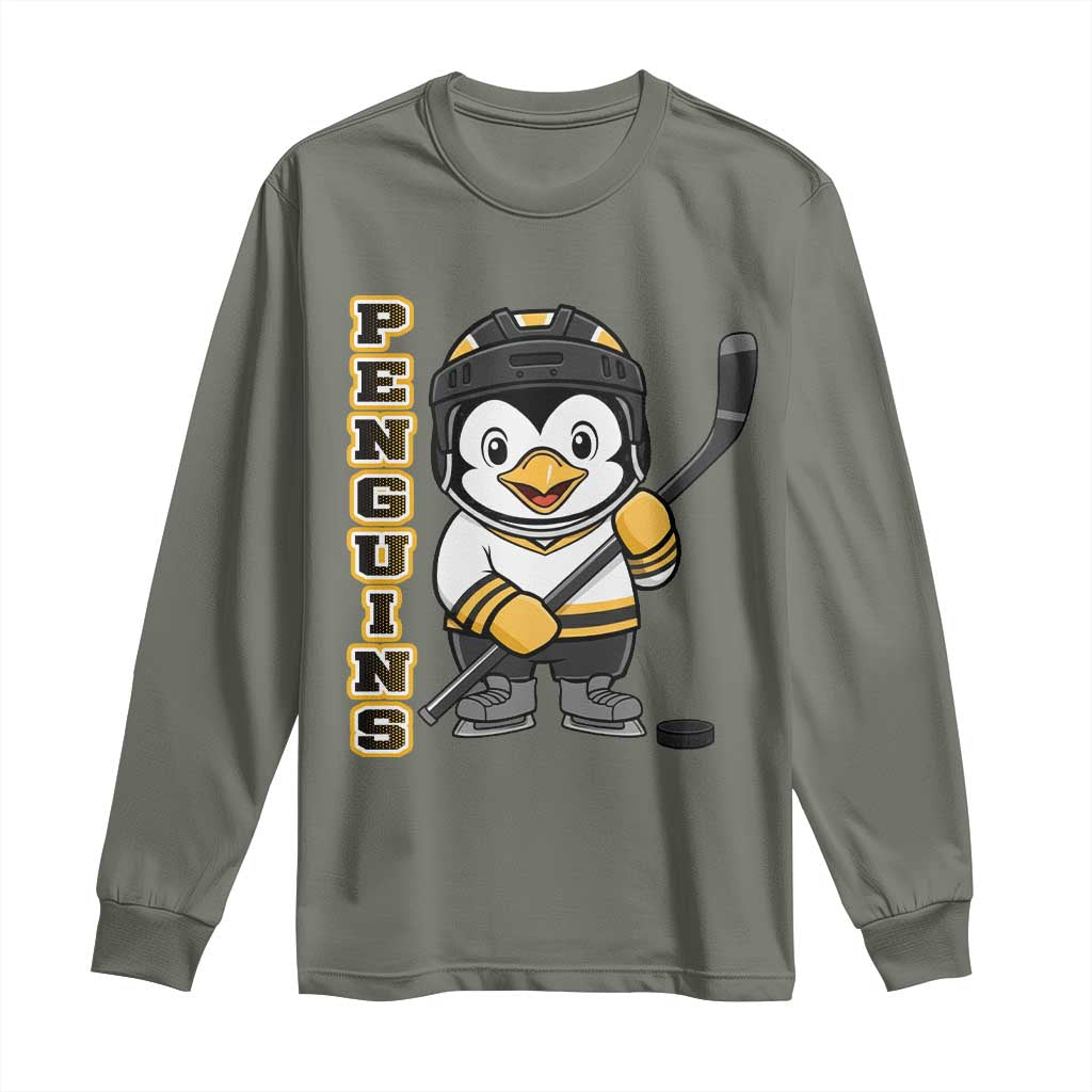 Funny Penguin Playing Ice Hockey Long Sleeve Shirt Gift For Kids TS12 Military Green Print Your Wear