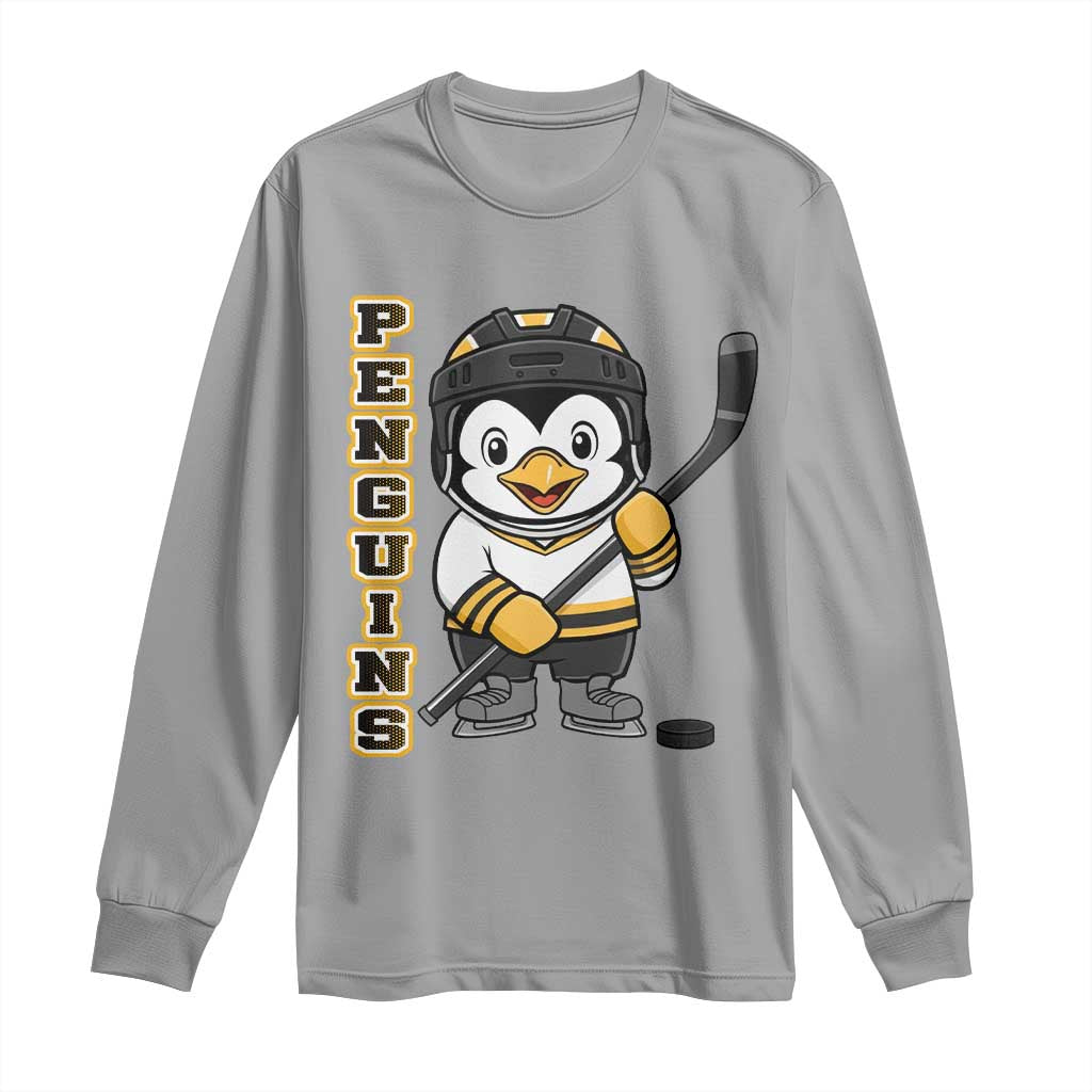 Funny Penguin Playing Ice Hockey Long Sleeve Shirt Gift For Kids TS12 Sport Gray Print Your Wear