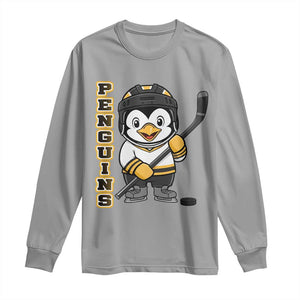 Funny Penguin Playing Ice Hockey Long Sleeve Shirt Gift For Kids TS12 Sport Gray Print Your Wear