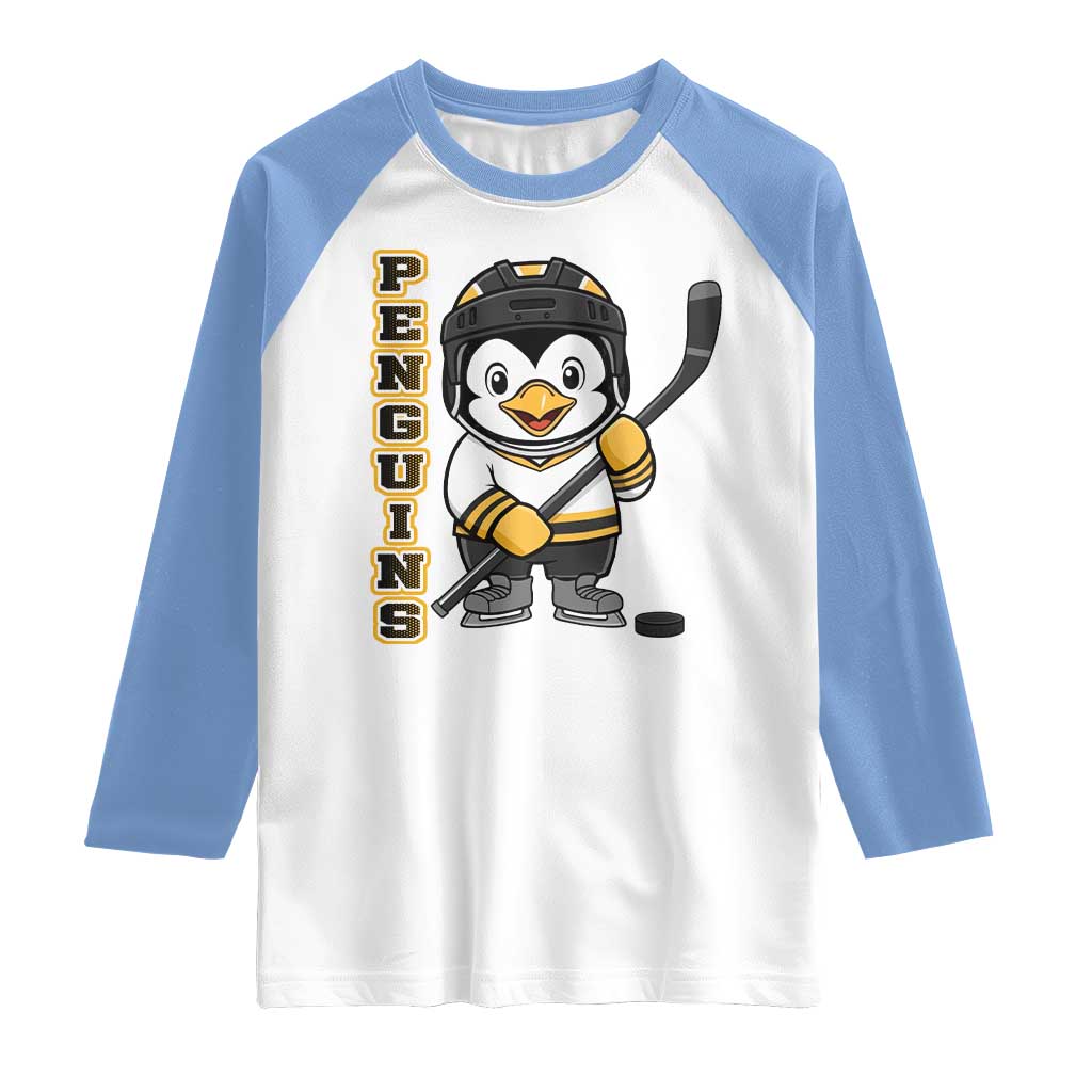 Funny Penguin Playing Ice Hockey Raglan Shirt Gift For Kids TS12 White Carolina Blue Print Your Wear
