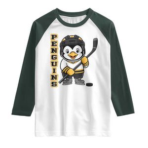 Funny Penguin Playing Ice Hockey Raglan Shirt Gift For Kids TS12 White Dark Forest Green Print Your Wear