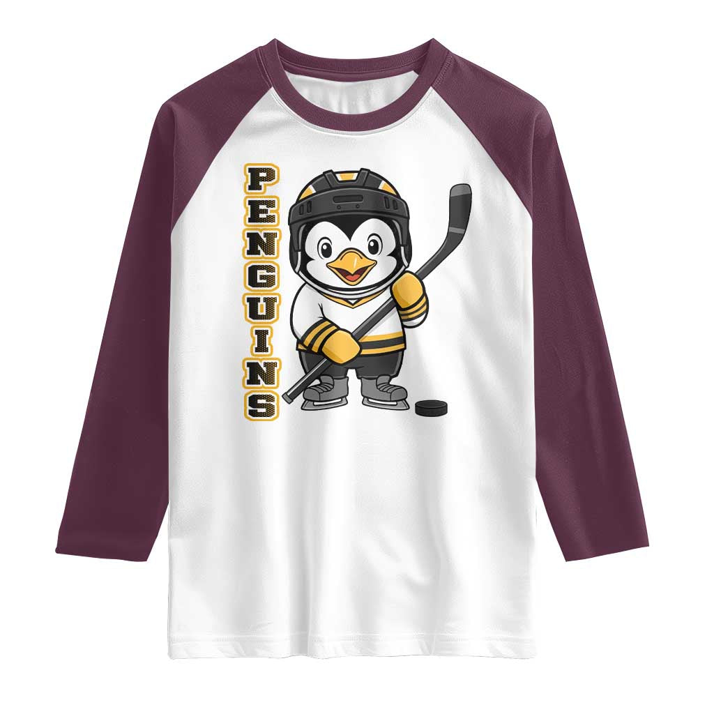 Funny Penguin Playing Ice Hockey Raglan Shirt Gift For Kids TS12 White Maroon Print Your Wear
