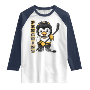 Funny Penguin Playing Ice Hockey Raglan Shirt Gift For Kids TS12 White Navy Print Your Wear