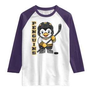 Funny Penguin Playing Ice Hockey Raglan Shirt Gift For Kids TS12 White Purple Print Your Wear