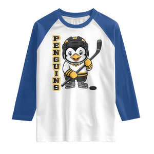 Funny Penguin Playing Ice Hockey Raglan Shirt Gift For Kids TS12 White Royal Print Your Wear