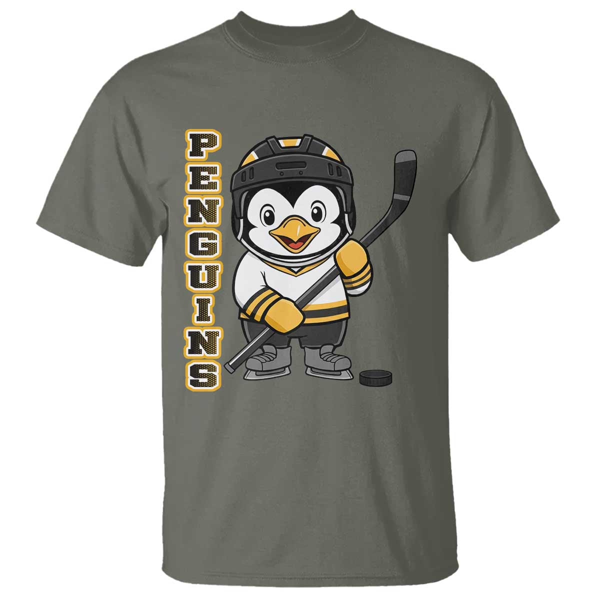 Funny Penguin Playing Ice Hockey T Shirt Gift For Kids TS12 Military Green Print Your Wear
