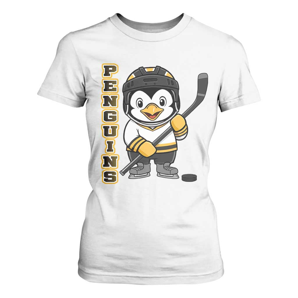 Funny Penguin Playing Ice Hockey T Shirt For Women Gift For Kids TS12 White Print Your Wear