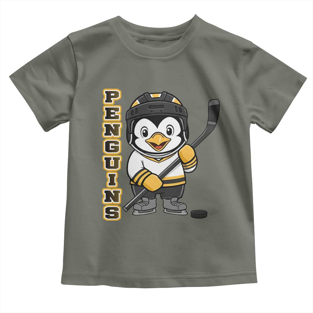 Funny Penguin Playing Ice Hockey Toddler T Shirt Gift For Kids TS12 Military Green Print Your Wear