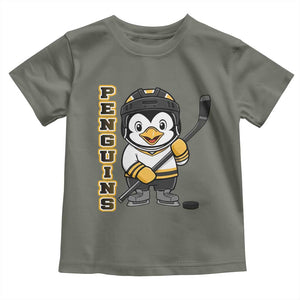 Funny Penguin Playing Ice Hockey Toddler T Shirt Gift For Kids TS12 Military Green Print Your Wear