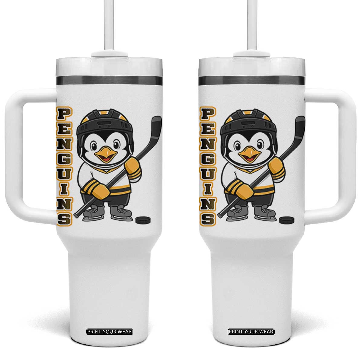 Funny Penguin Playing Ice Hockey Tumbler With Handle Gift For Kids TS12 One Size: 40 oz White Print Your Wear