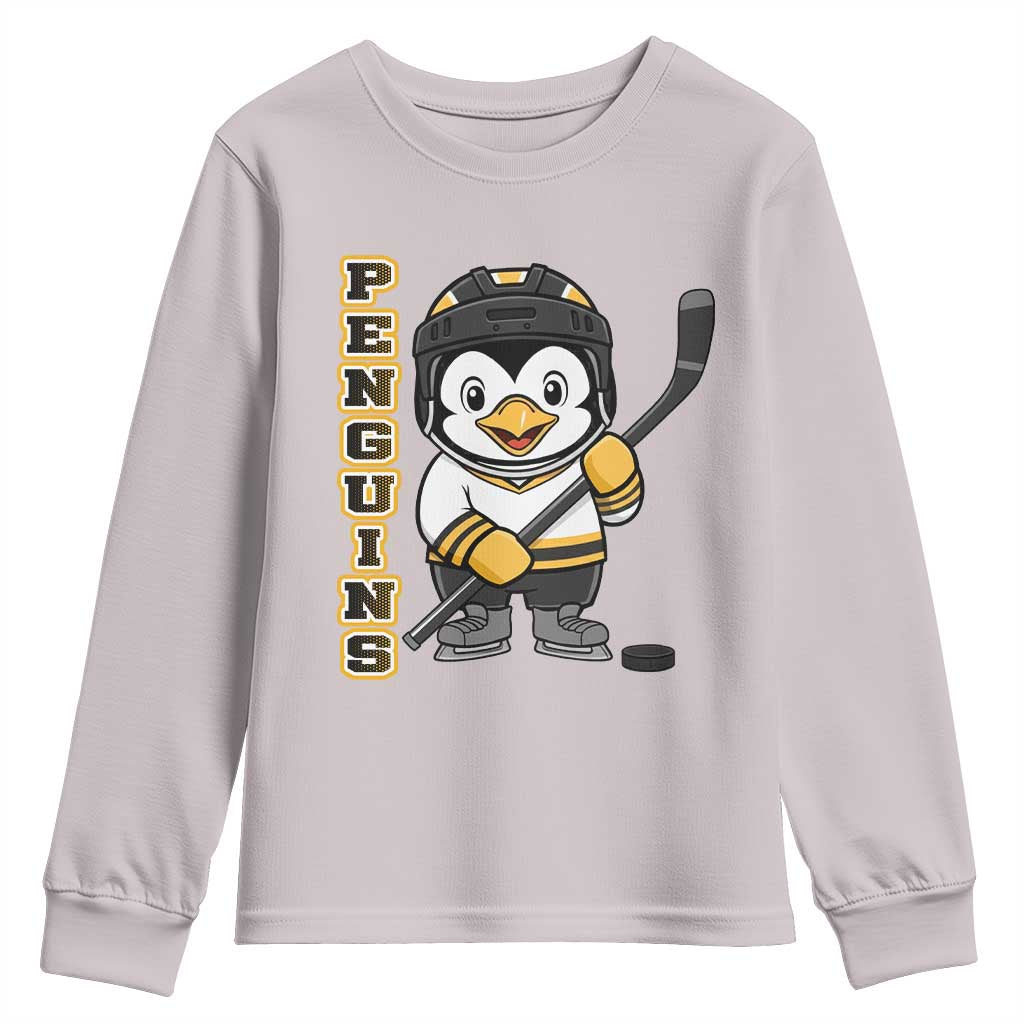 Funny Penguin Playing Ice Hockey Youth Sweatshirt Gift For Kids TS12 Ice Gray Print Your Wear