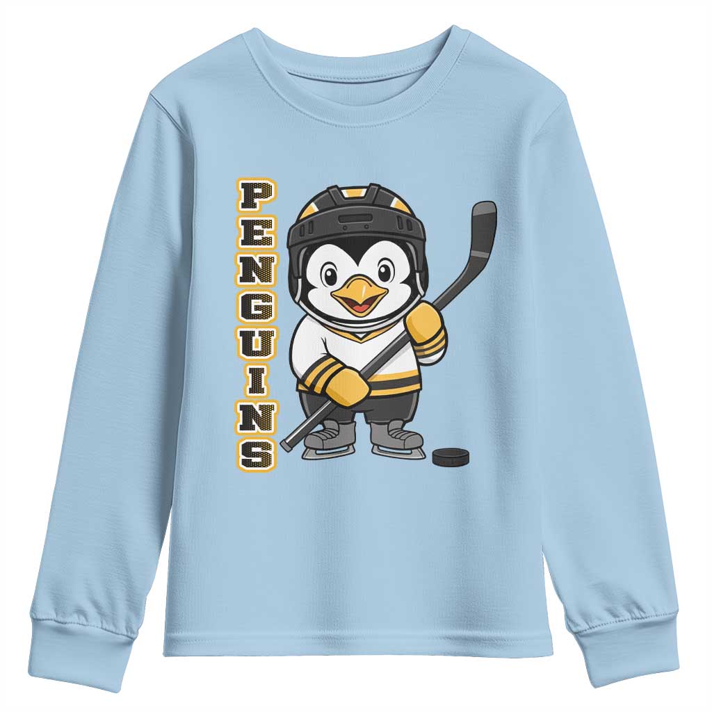 Funny Penguin Playing Ice Hockey Youth Sweatshirt Gift For Kids TS12 Light Blue Print Your Wear