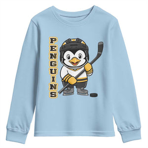 Funny Penguin Playing Ice Hockey Youth Sweatshirt Gift For Kids TS12 Light Blue Print Your Wear