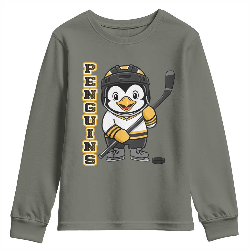 Funny Penguin Playing Ice Hockey Youth Sweatshirt Gift For Kids TS12 Military Green Print Your Wear