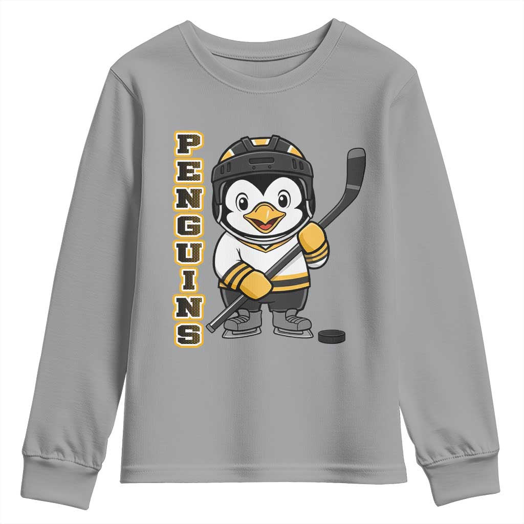 Funny Penguin Playing Ice Hockey Youth Sweatshirt Gift For Kids TS12 Sport Gray Print Your Wear