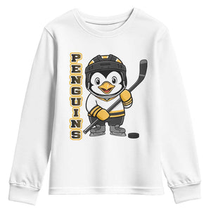 Funny Penguin Playing Ice Hockey Youth Sweatshirt Gift For Kids TS12 White Print Your Wear