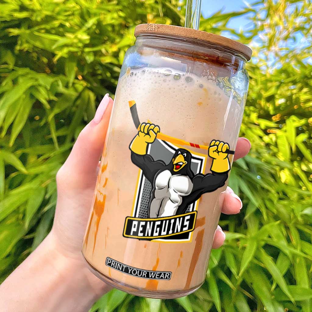Funny Ice Hockey Player Gift Glass Can Penguin Power TS12 White Print Your Wear