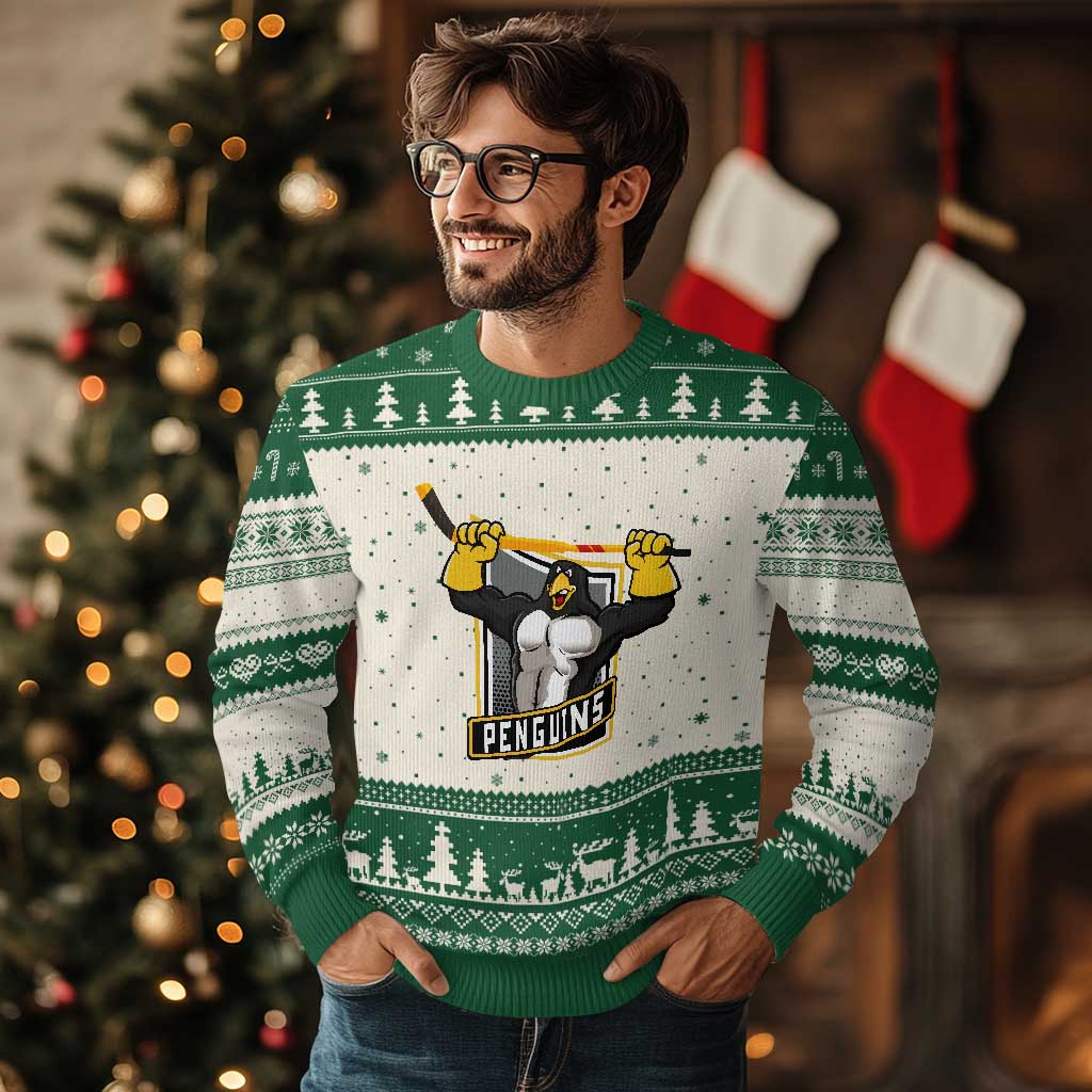 Funny Ice Hockey Player Gift Ugly Christmas Sweater Penguin Power TS12 Beige Green Print Your Wear