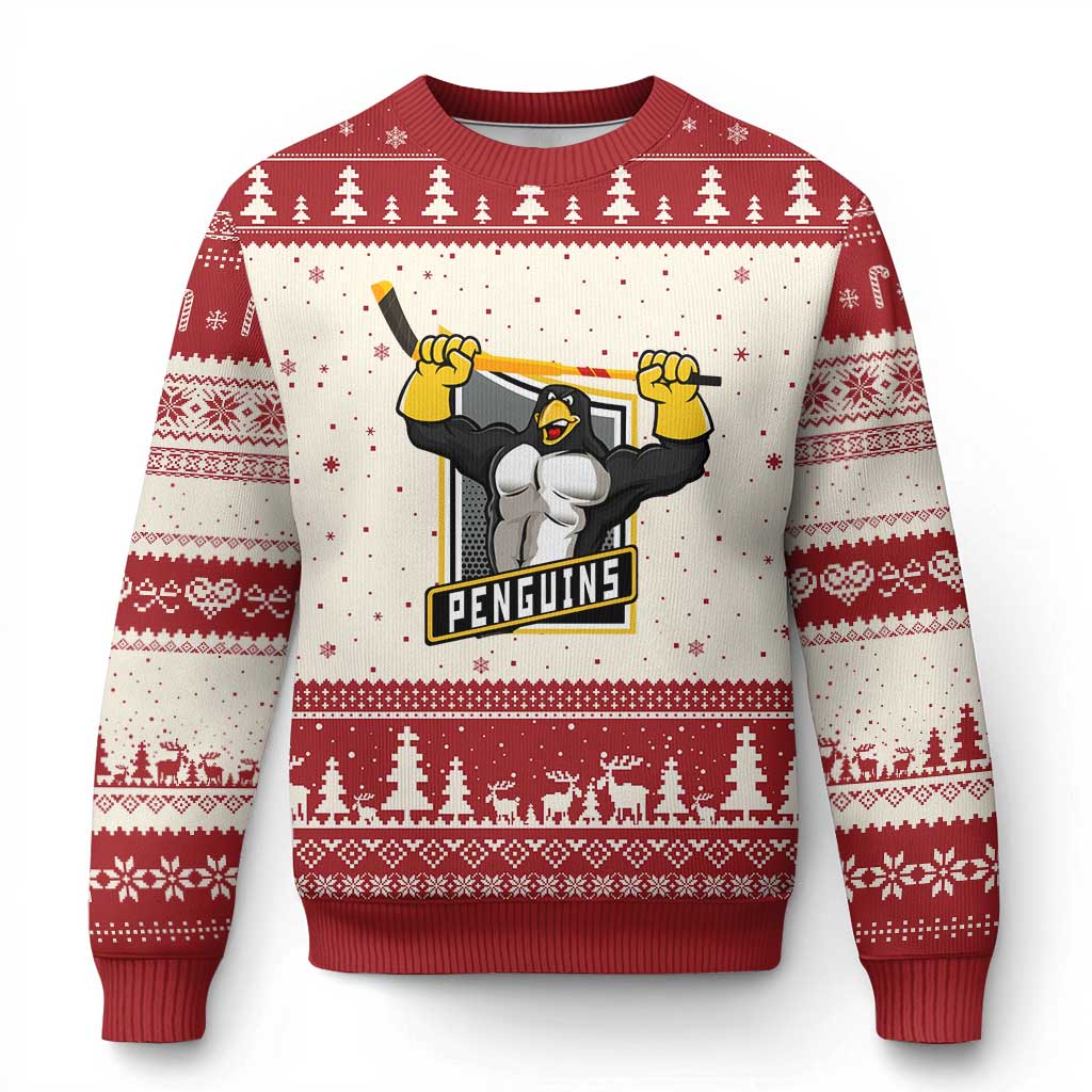 Funny Ice Hockey Player Gift Ugly Christmas Sweater Penguin Power TS12 Beige Red Print Your Wear