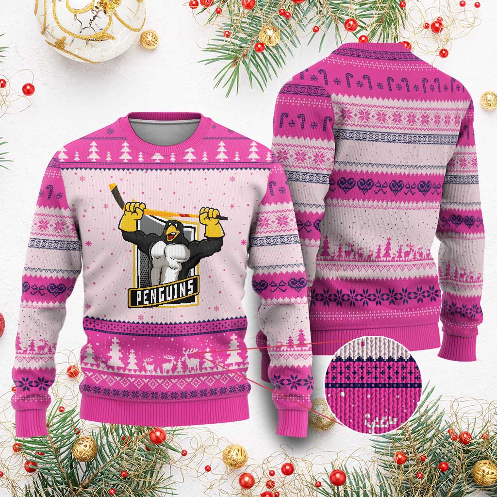 Funny Ice Hockey Player Gift Ugly Christmas Sweater Penguin Power TS12 Hot Pink Print Your Wear