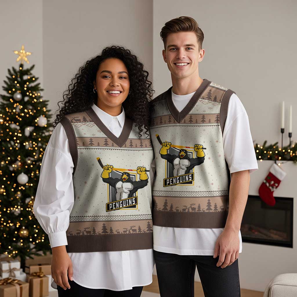Funny Ice Hockey Player Gift V-Neck Knit Sweater Vest Penguin Power TS12 Mocha Mousse Print Your Wear