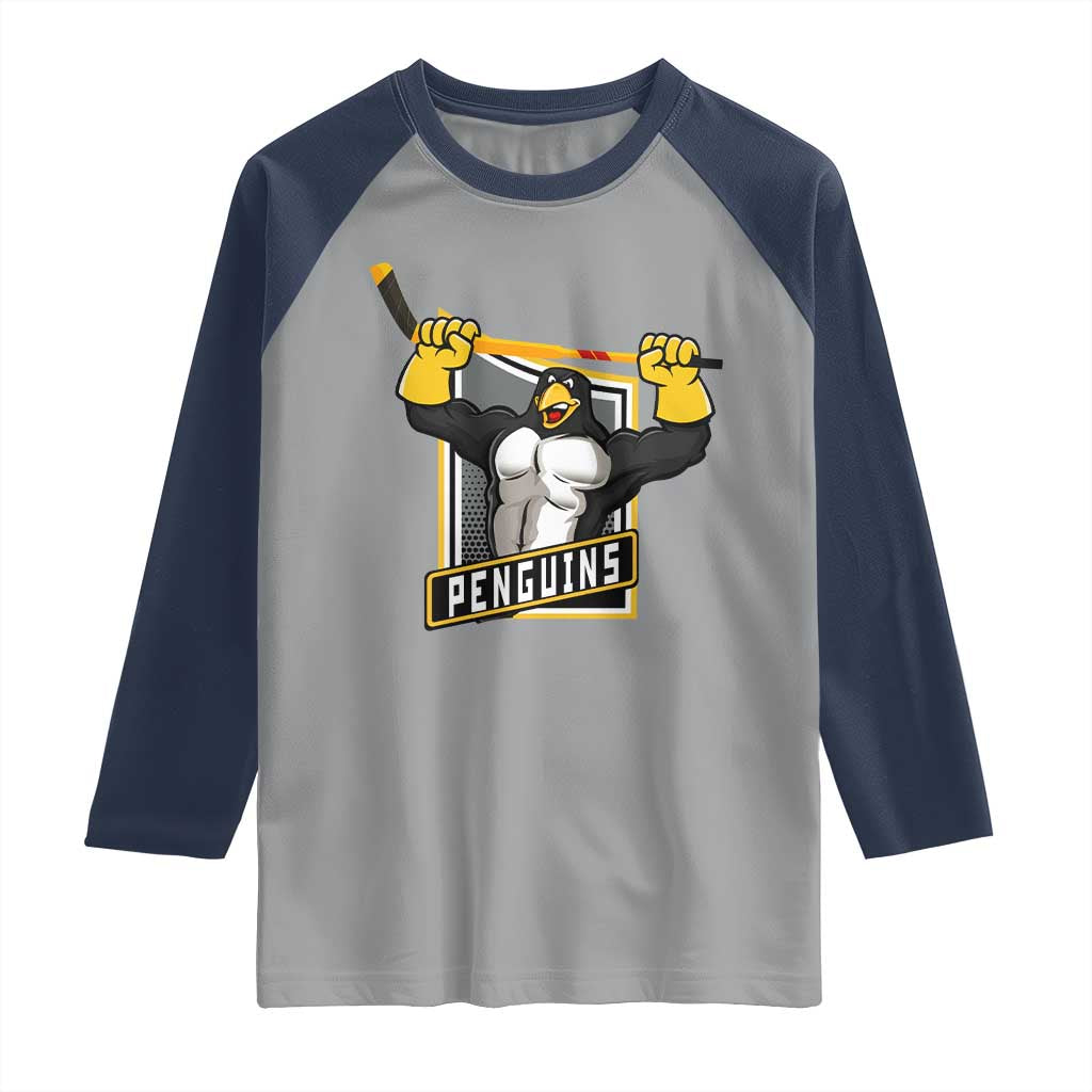 Funny Ice Hockey Player Gift Raglan Shirt Penguin Power TS12 Sport Gray Navy Print Your Wear