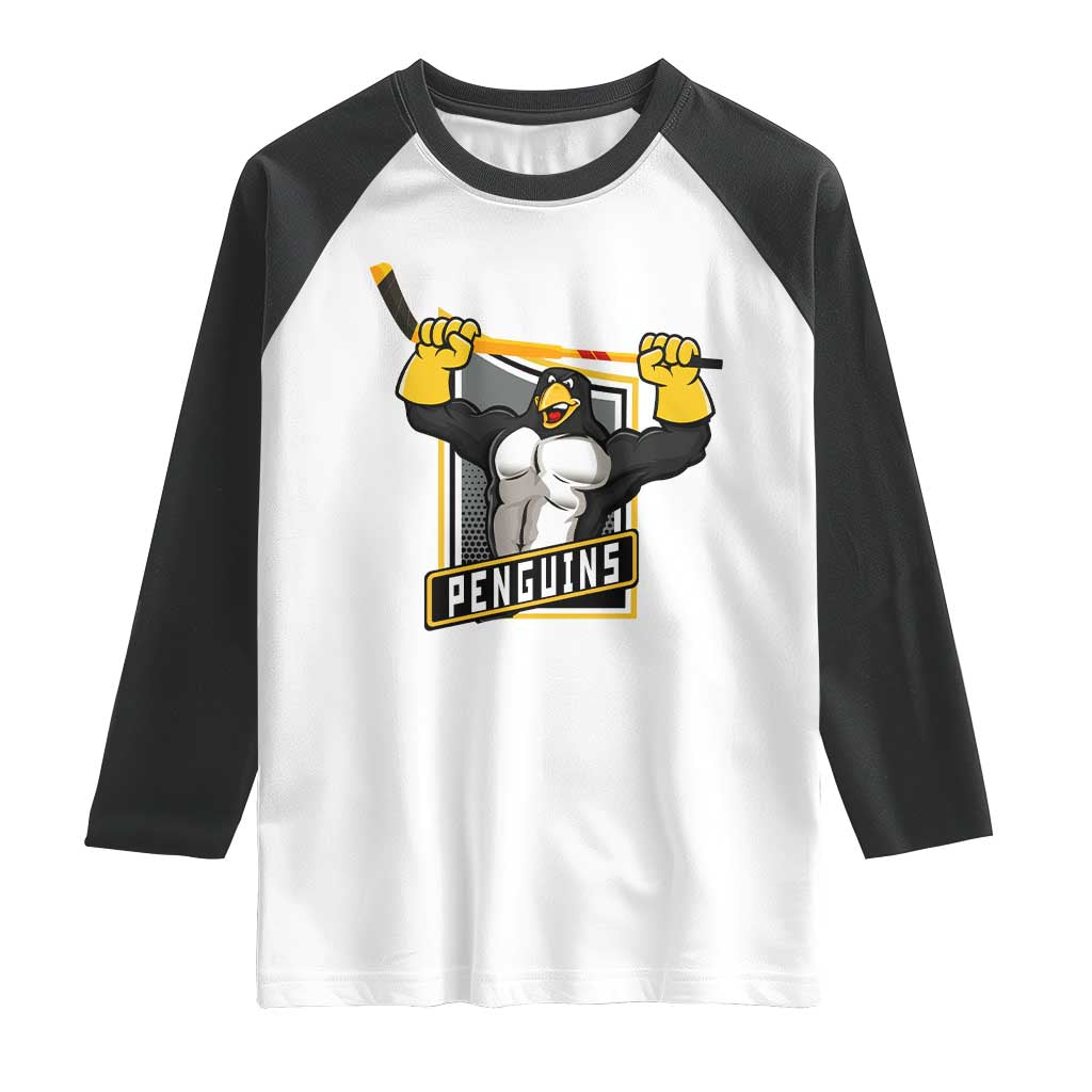 Funny Ice Hockey Player Gift Raglan Shirt Penguin Power TS12 White Black Print Your Wear
