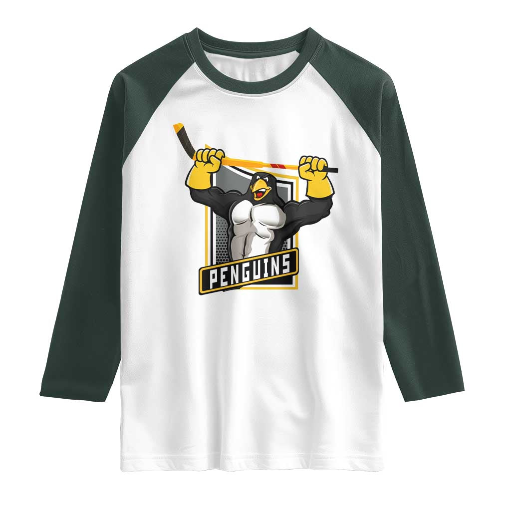 Funny Ice Hockey Player Gift Raglan Shirt Penguin Power TS12 White Dark Forest Green Print Your Wear