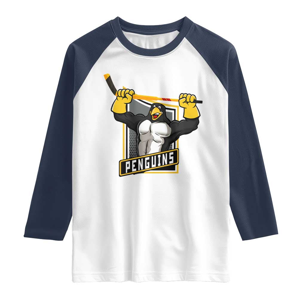 Funny Ice Hockey Player Gift Raglan Shirt Penguin Power TS12 White Navy Print Your Wear