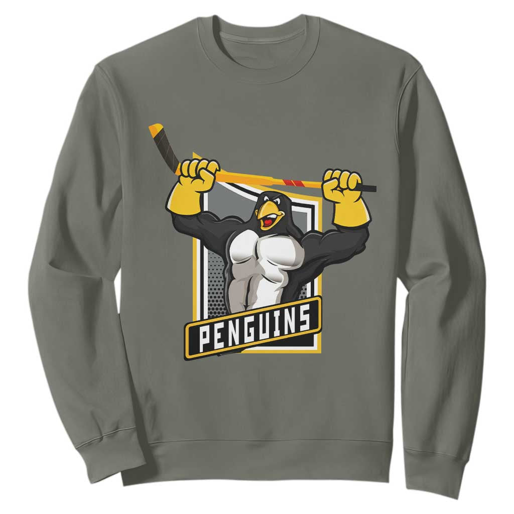 Funny Ice Hockey Player Gift Sweatshirt Penguin Power TS12 Military Green Print Your Wear
