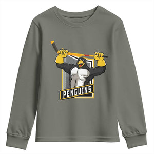 Funny Ice Hockey Player Gift Youth Sweatshirt Penguin Power TS12 Military Green Print Your Wear