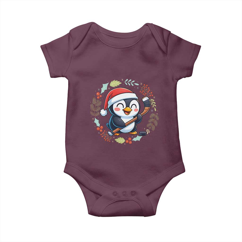 Cute Penguin Playing Ice Hockey Baby Onesie Funny Christmas Gift TS12 Maroon Print Your Wear