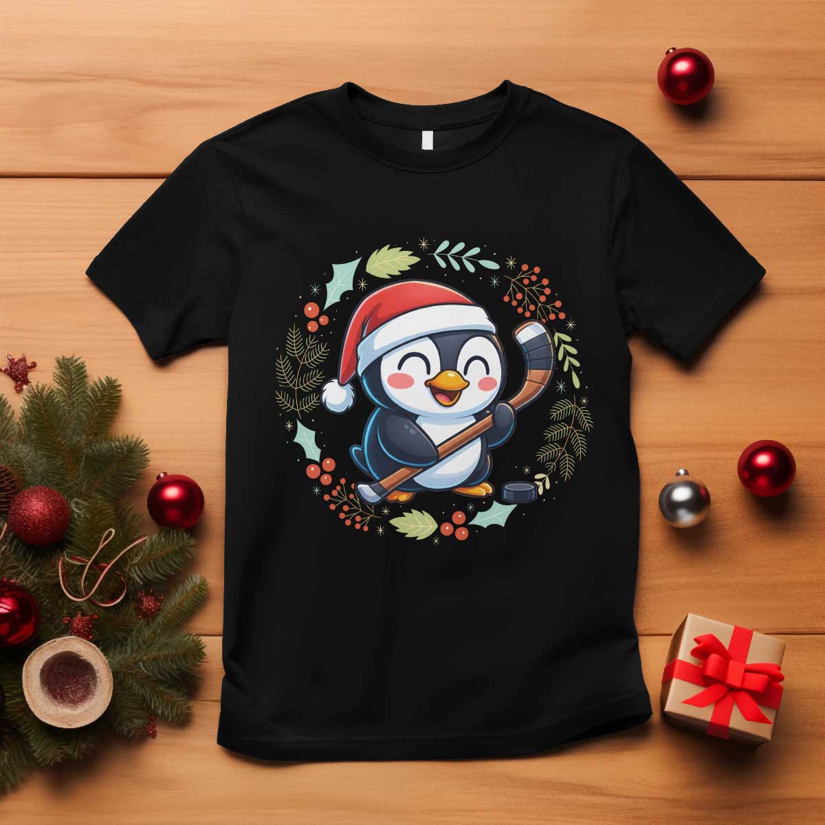 Cute Penguin Playing Ice Hockey T Shirt Funny Christmas Gift TS12 Black Print Your Wear