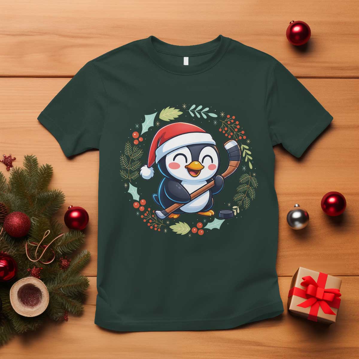 Cute Penguin Playing Ice Hockey T Shirt Funny Christmas Gift TS12 Dark Forest Green Print Your Wear