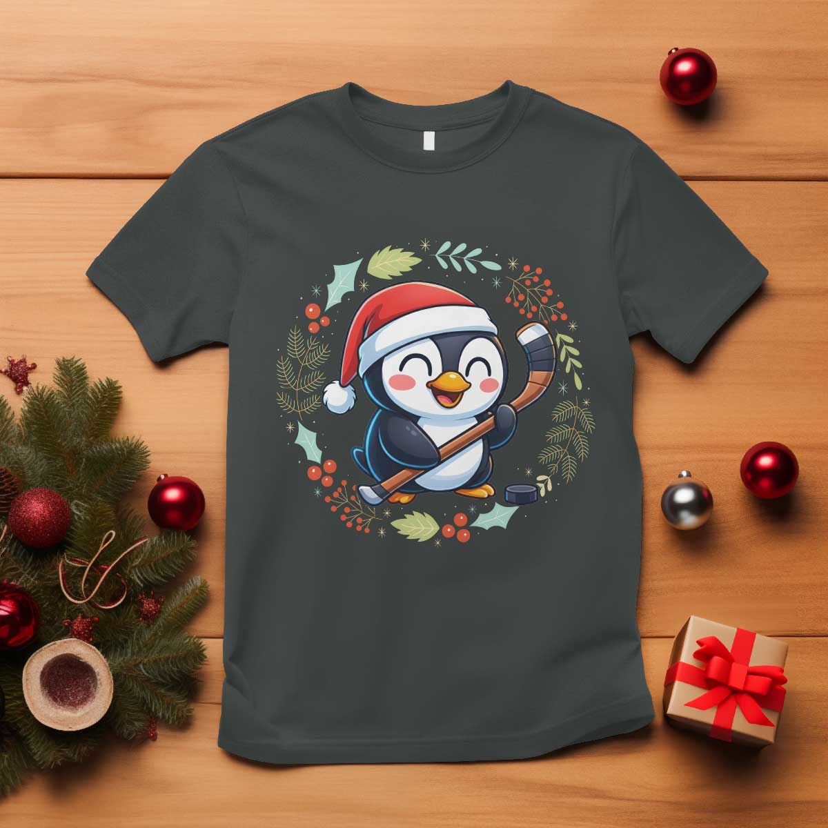 Cute Penguin Playing Ice Hockey T Shirt Funny Christmas Gift TS12 Dark Heather Print Your Wear
