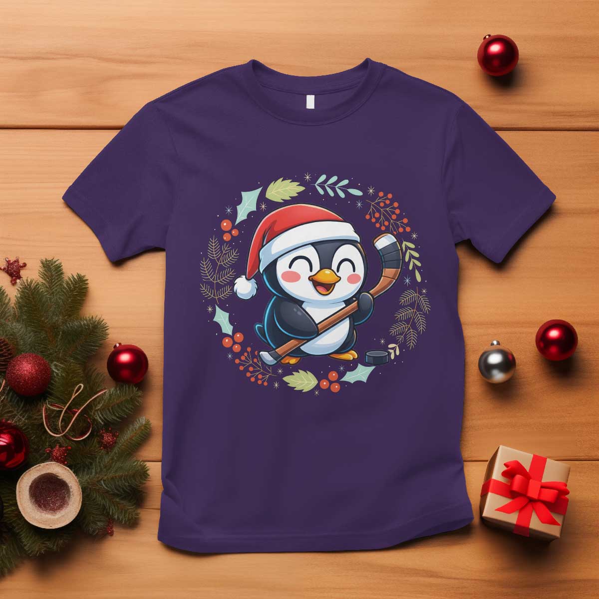 Cute Penguin Playing Ice Hockey T Shirt Funny Christmas Gift TS12 Purple Print Your Wear