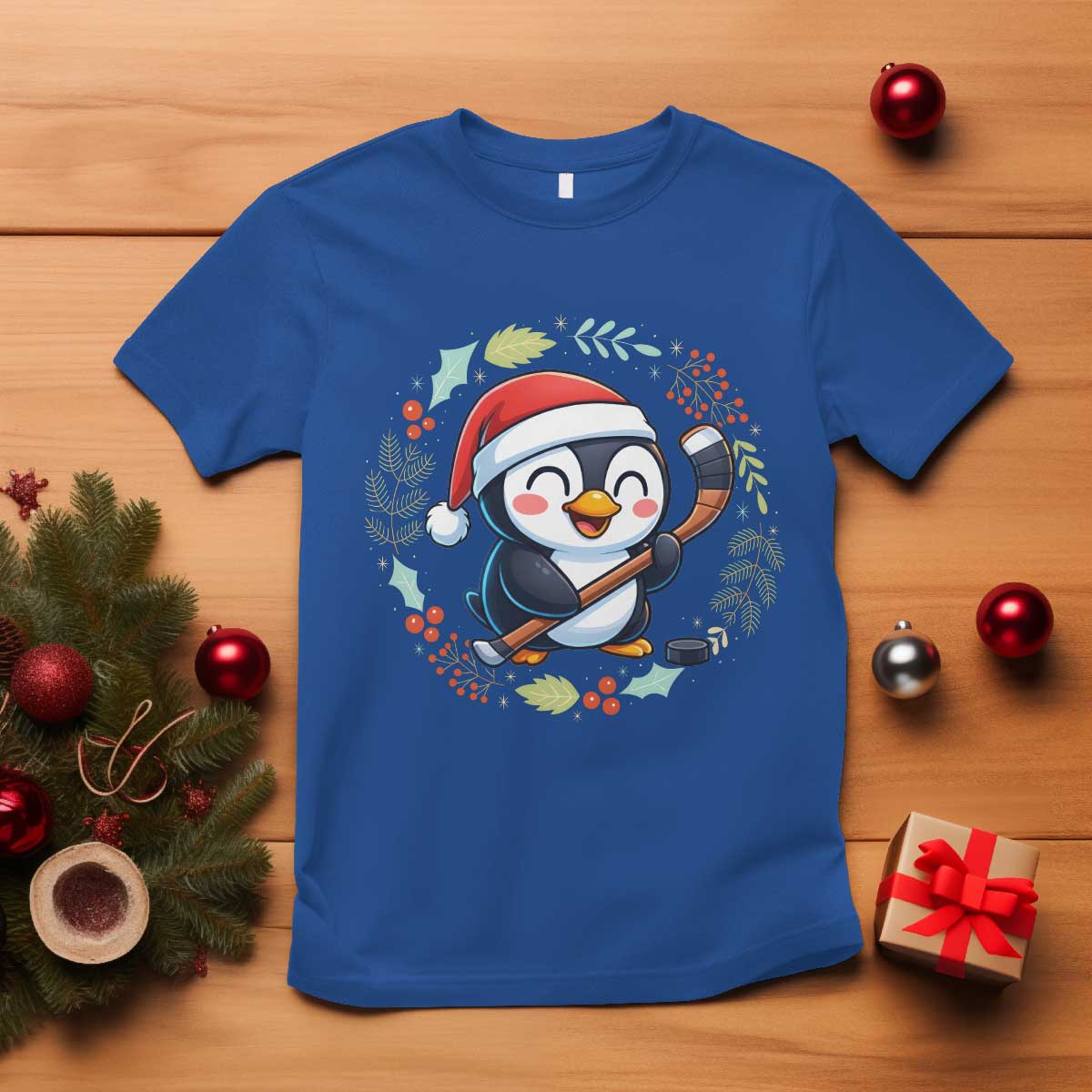 Cute Penguin Playing Ice Hockey T Shirt Funny Christmas Gift TS12 Royal Blue Print Your Wear