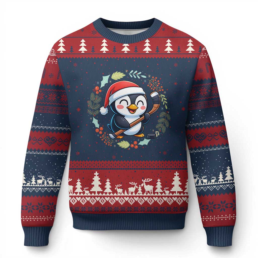 Cute Penguin Playing Ice Hockey Ugly Christmas Sweater Funny Xmas Gift TS12 Navy Red Print Your Wear