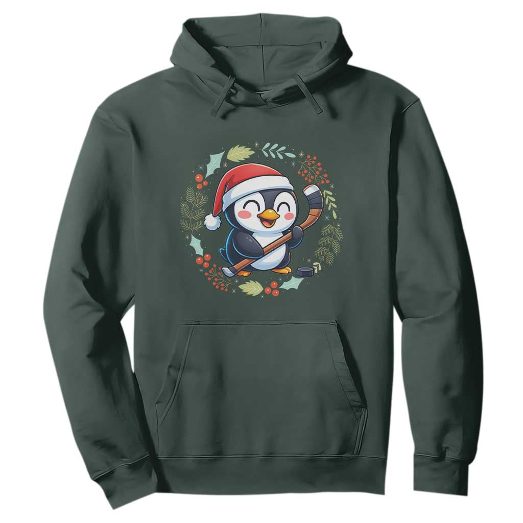 Cute Penguin Playing Ice Hockey Hoodie Funny Christmas Gift TS12 Dark Forest Green Print Your Wear