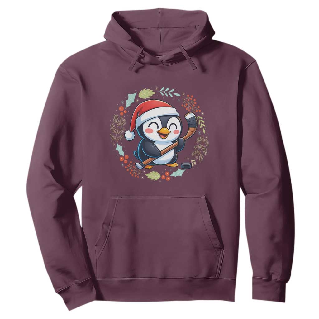 Cute Penguin Playing Ice Hockey Hoodie Funny Christmas Gift TS12 Maroon Print Your Wear