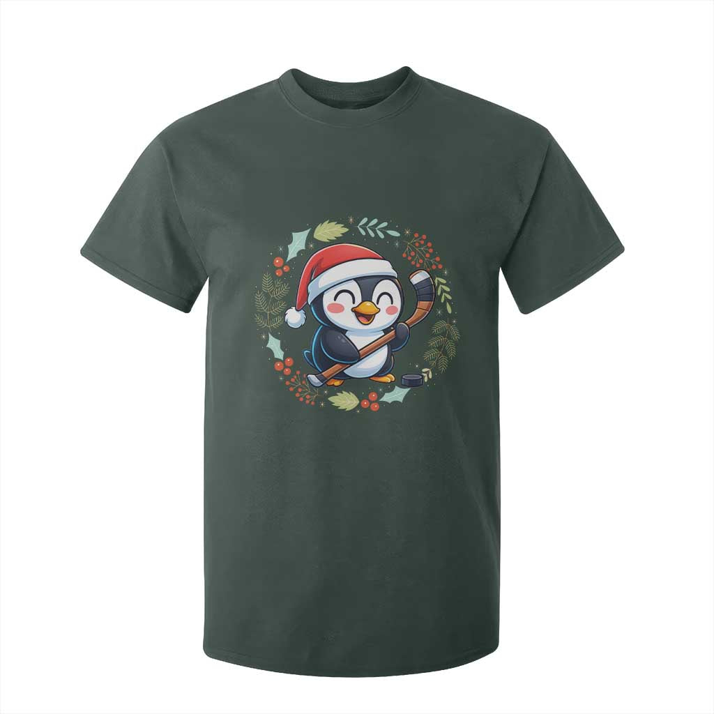 Cute Penguin Playing Ice Hockey T Shirt For Kid Funny Christmas Gift TS12 Dark Forest Green Print Your Wear